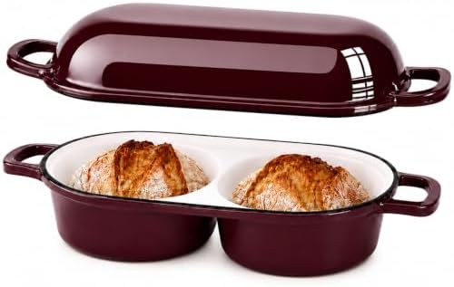 Double Dutch Oven for Sourdough Bread Baking,2.2QT Enameled Cast Iron Dutch Oven Pot with Lid,500°F Oven Safe Non Stick Bread Loaf Pan,Sourdough Baking Pan for Homemade Baking（Burgundy）