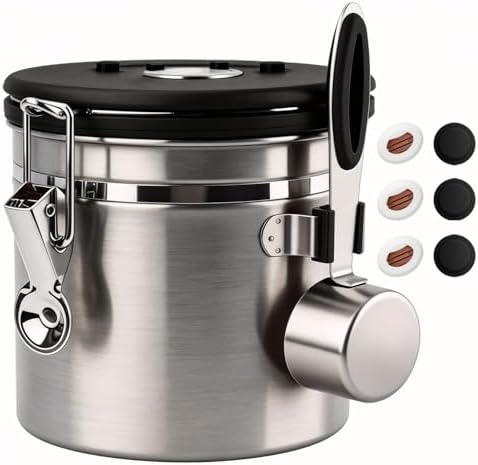 ShanSon Coffee Canister Airtight, Stainless Steel Bean Storage Container with Date Tracker & Scoop, Grounds Sugar Flour Tea Cereal Fits Kitchen Pantry, Ideal Gift for Coffee Lovers,12oz,Silver