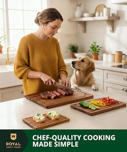 ROYAL CRAFT WOOD Wooden Cutting Boards for Kitchen Meal Prep & Serving - Bamboo Wood Serving Board Set with Deep Juice Groove Side Handles - Charcuterie & Chopping Butcher Block for Meat