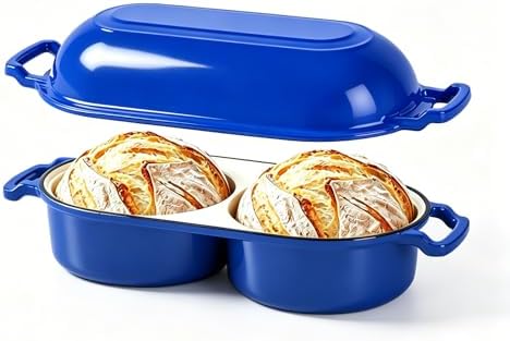 Double Dutch Oven for Sourdough Bread Baking, Enameled Cast Iron Bread Pot with Lid, Double Round Loaf Space, 500F Oven Safe, Non Stick Mini Loaf Pans for Homemade Cake Meatloaf