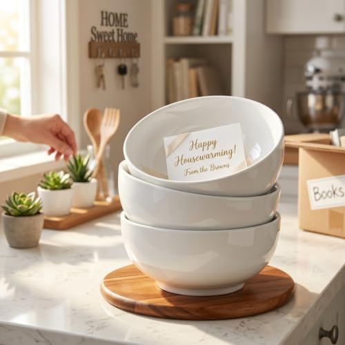 DELLING 60 Oz Large Serving Bowls Set of 3, 8 Inch White Ceramic Mixing Bowls - Soup Salad Pasta Ramen Bowls for Kitchen, Microwave Dishwasher Safe, Porcelain