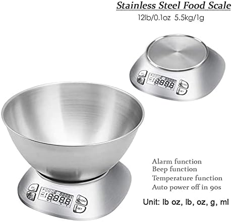 Digital Kitchen Scale with Removable Bowl 2.5L Volume, Electronic Stainless Steel Food Scale for Cooking Baking, Room Temperature, Alarm Timer, 12lb 5.5kg, Batteries Included