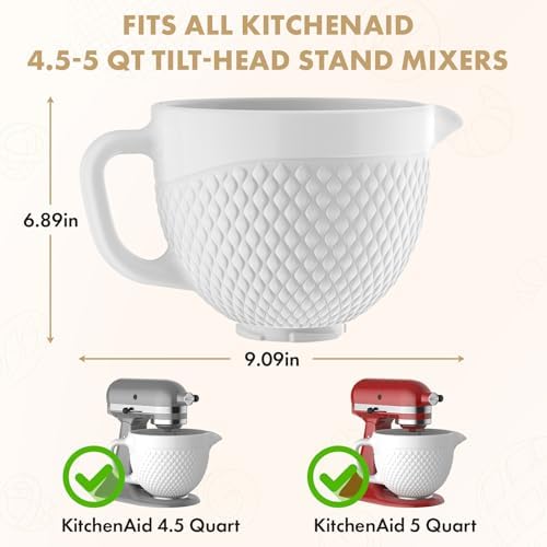 HOZODO Ceramic Mixer Bowl for KitchenAid Tilt-Head Stand Mixers, 5-Qt
