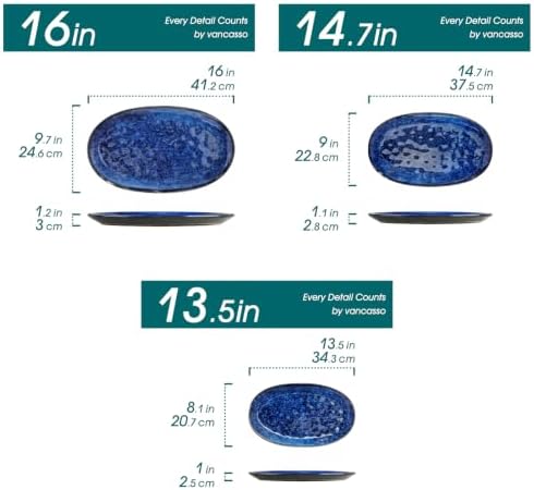 vancasso Ceramic Serving Platters Set of 3, Oval 16/14.7/13.5 Inch Stoneware Serving Dishes for Entertaining, Microwave Safe Serving Trays for Food, Turkey, Cheese, Party, Reactive Glaze Navy Blue