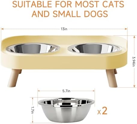 Elevated Cat Bowl, Raised Cat Food and Water Bowl Set for Indoor Cats, Splash Proof with 2 Stainless Steel Pet Food Bowls for Cats and Puppies, Whisker Fatigue and Dishwasher Safe - Yellow