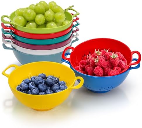 Noamus 8 Pack Mini Colander for Kitchen, 6 Inch Plastic Berry Bowl with Double Handles, Small Compact Food Strainers, Perforated Round Fruits Basket for Vegetables Pasta, BPA-Free, Food-Safe(8 Colors)