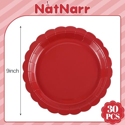 NatNarr 30 Pcs Red Paper Plates 9" Disposable Scalloped Red Party Plates