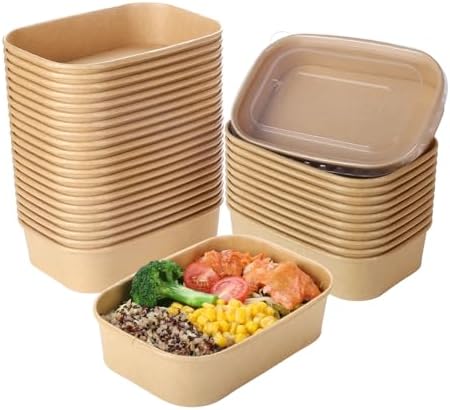 50 Sets 17oz Disposable Kraft Paper Bowls with Lids, Rectangle