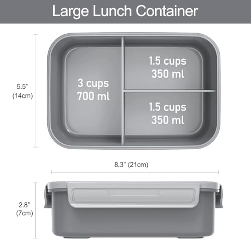 Caperci Classic Bento Box Adult Lunch Box for Older Kids - Leakpoof 47 oz 3-Compartment Lunch Containers for Adults and Teens, Built-in Utensil Set, Ideal for On-the-Go Balanced Eating, Gray