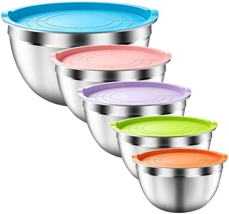 Mixing Bowls with Airtight Lids Set, 5 PCS Stainless Steel Colorful