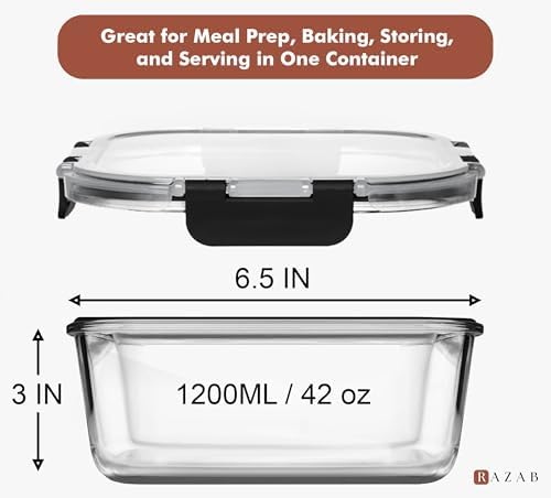 Razab 2 PC 1200ML / 41 Oz Glass Food Storage Containers with Lids - Airtight & Leakproof - Microwave/Oven/Freezer Safe - BPA Free - Ideal for Meal Prep, Storing Leftover & Lunch
