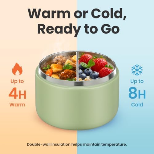 Pawtong 12oz Insulated Vacuum Food Jar with Buckle Lid Wide Mouth Soup Thermo for Hot Food Kids Leakproof Stainless Steel Lunch Container- Green- 1Pack