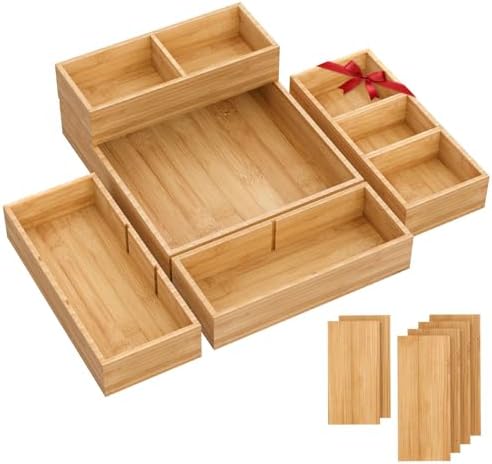 Bamboo Drawer Organizer, 5-Piece Stackable Trays with Removable Dividers