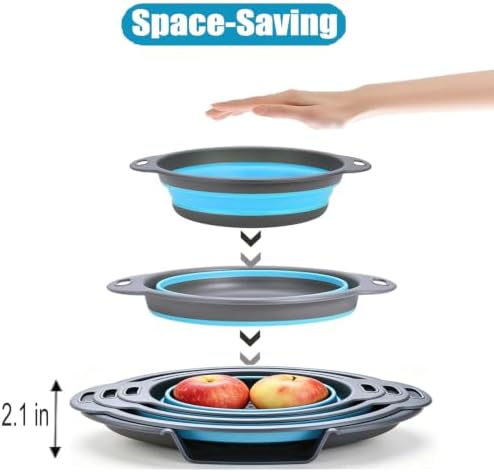 Collapsible Colanders Food Strainers, 3-Pack Foldable Kitchen Strainers with Over-Sink Water Draining Tray, Space Saving Kitchen Drainer for Vegetables, Fruit, Pasta and Rice (Blue-Gray)