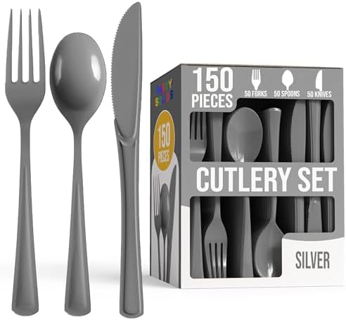 Party Solids Silver Plastic Silverware 150 Pcs Silver Cutlery Set