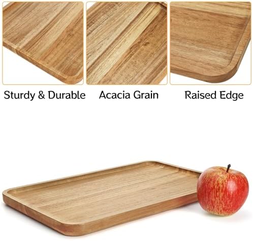 YOUEON Set of 2 Acacia Wood Serving Tray with Raised Edge, 14.2 x 9.5 Inch Rectangular Serving Tray, Appetizer Cheese Plate, Sandwich Dessert Trays, Wood Plates for Food, Coffee, Fruit, Cookie