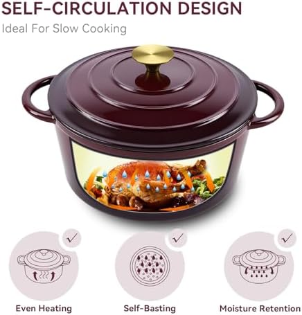 Miereirl 6 Quart Enameled Dutch Oven Pot with Lid, Cast Iron Dutch Oven with Dual Handles for Bread Baking, Cooking, Non-stick Enamel Coated Cookware, Fig