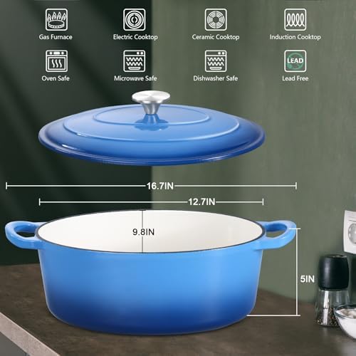Leonyo 7-Quart Enameled Cast Iron Oval Dutch Oven Pot with Lid, Blue