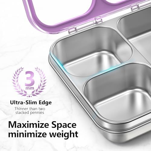 HOMEKOL Stainless Steel Bento Lunch Box 3-Compartment, 4.2Cups, Purple