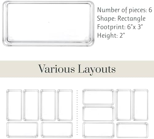 STORi SimpleSort 6-Piece Stackable Clear Drawer Organizer Set | 6" x 3" x 2" Rectangle Trays | Small Makeup Vanity Storage Bins and Office Desk Drawer Dividers | Made in USA