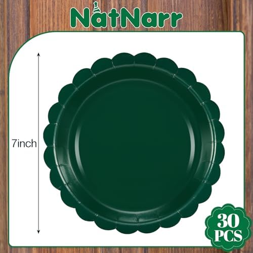 NatNarr 30 Pcs Dark Green Plates Disposable 7 Inch Scalloped Christmas Paper Plates Dessert Cake Plate Cute Party Plate for Wedding, Birthday, Holiday
