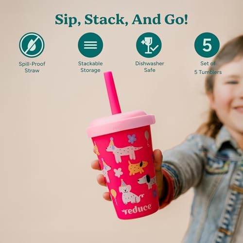 REDUCE GoGo's Kids 5-Pack 12oz Tumbler Cups with Lids & Spill-Proof Straws