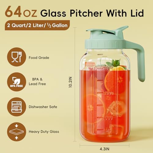 JunVpic Glass Pitcher with lid, 64 oz Wide Mouth Mason Jar