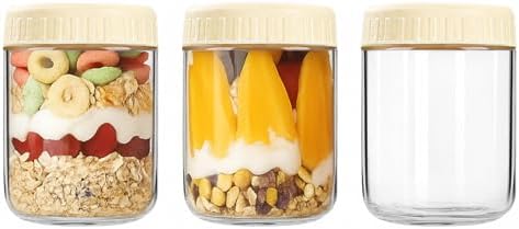 Overnight Oats Containers with Lids, 16oz Wide Mouth Mason Jars with Lids, 3 Pack Glass Jars with Airtight lid for Chia Pudding Yogurt Salad, Meal Prer Oatmeal Jars, Yellow
