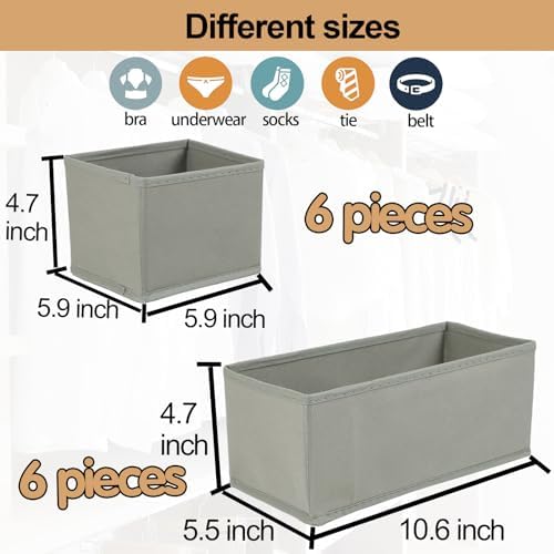 Fordonral Drawer Organizer Clothes, Foldable Fabric Dresser Organizer Closet Organizers and Storage Box for Underwear,Folded Clothes,Baby Clothing,Socks,Bra,Towels,Ties(6M+6S,Gray)