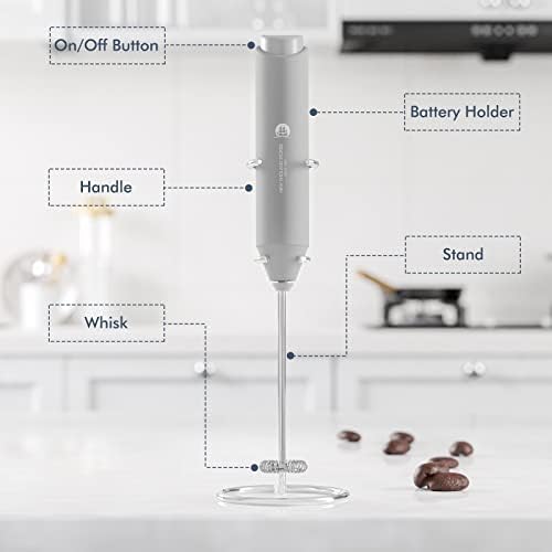 Powerful Milk Frother Handheld Foam Maker, Mini Whisk Drink Mixer for Coffee, Cappuccino, Latte, Matcha, Hot Chocolate, With Stand, Grey