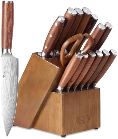 PAUDIN 16-Piece Kitchen Knife Set with Block, Built-in Sharpener, Ultra Sharp 5Cr15Mov Stainless Steel Chef Knives, Natural Wood Handles, Steak Knives, Scissors & Honing Rod, Complete Cutlery Set