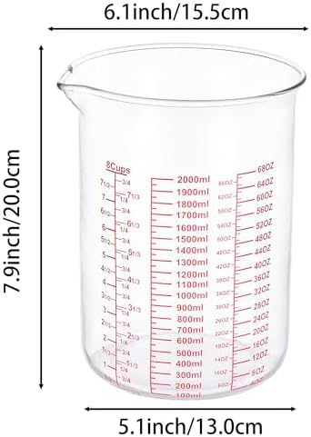 High Borosilicate Glass Measuring Cup-V-Shaped Spout，Glass Measuring Beaker for Kitchen or Restaurant, Easy to Read, 2000 ML (64 Oz, 8Cup)