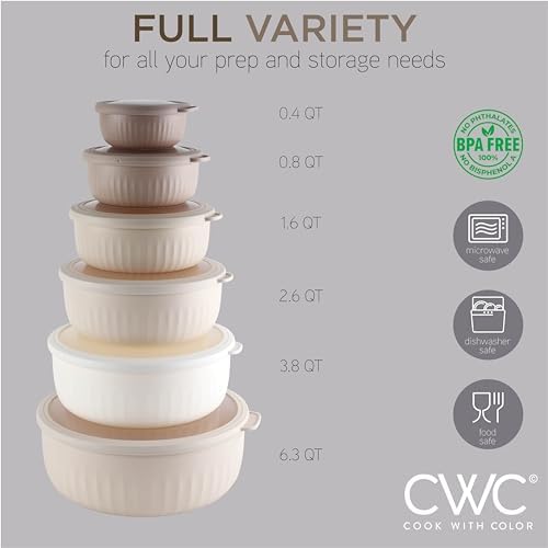 COOK WITH COLOR Prep Bowls with Lids- Wide and Deep Nesting Plastic Small Mixing Bowl Set with Lids, 12 Piece Set - Wide Bowls, Brown
