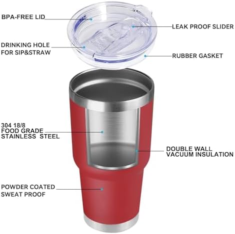 DOMICARE 30oz Tumbler Bulk with Lid and Straw, Double Wall Travel Coffee Mug, Insulated Vacuum Stainless Steel Tumblers, Powder Coated Tumbler Cup (Red, 8)