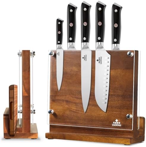 ENOKING Magnetic Knife Block with Acrylic Shield, Double Side Kitchen Knife Holder without Knives- Acacia Wood Universal Knife Storage Organizer with Powerful Magnet for Kitchen Counter