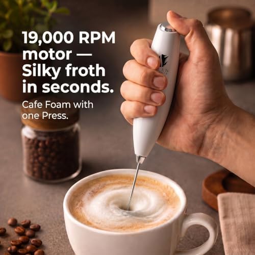 Bean Envy Milk Frother Handheld - Coffee Mixer Wand with Stand - White