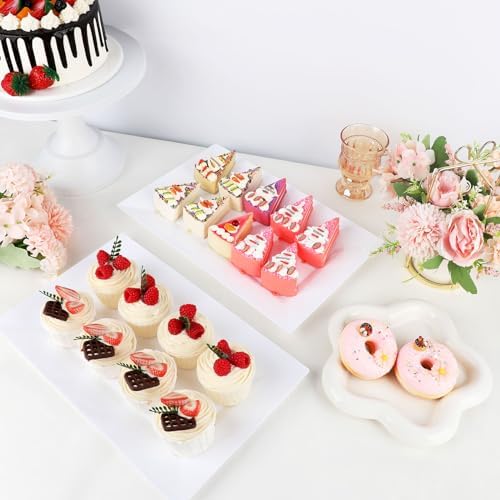 Mwellewm 12 Pcs White Plastic Serving Trays, 14''x9'' Rectangle Dessert Trays for Dessert Table, Party Food Display Set Disposable Platters Cookie Cupcake Gold Serving Tray for Birthday Party Wedding