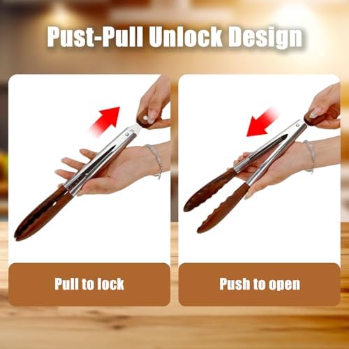 Wooden Tongs for Cooking with Stainless Steel Long Handle – Non-Slip Design, Hanging Hole, Perfect for BBQ, Salad Tossing & Serving, Household Creative Cooking Tongs (9 Inch)
