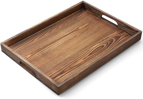 17 Inch Burnt Wood Serving Tray with Handles - Large Wooden Tray for Ottoman, Breakfast in Bed, Dinner, Coffee Table - Decorative Brown Rectangular Tray for Living Room Entryway and Kitchen Decor