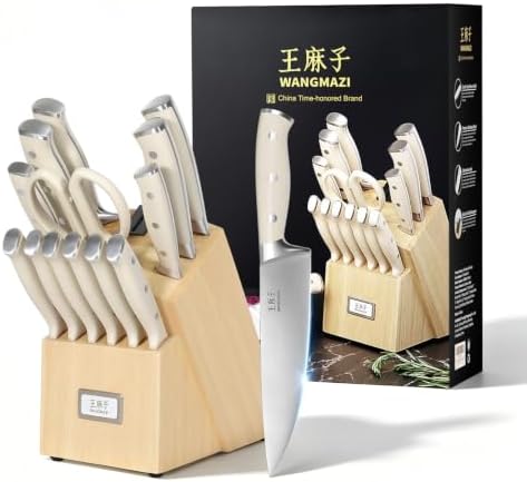 WANGMAZI 15‑Pcs Knife Block Set, Ultra Sharp, Natural Pro