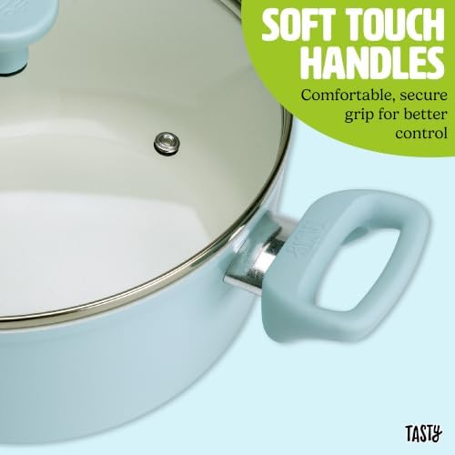 Tasty Ceramic Stock Pot with Glass Lid, Healthy Nonstick Aluminum Cookware, Dutch Oven, Soup Pot, Casserole, Made without PFAS, PFOA, PFOS and PTFE, Dishwasher Safe, 5-Quart, Aqua