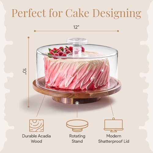 HOMESPHERE Rotating Cake Stand With Lid - 12 Inch Round Cake Holder with Cover, 4” Tall, Acacia Wood Spinning Cake Turntable for Decorating, Display and Serving Platter, Acrylic Cake Dome, No Glass