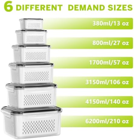 HOMETALL 6 PCS Fruit Storage Containers for Fridge with 6 Removable Colanders, BPA Free Produce Containers for refrigerator, Dishwasher & Microwave Safe Food Containers Keep Fruit, Salad, Berry, Fresh