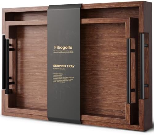 Fibogollo Set of 2 Bamboo Serving Trays with Metal Handles(Brown)