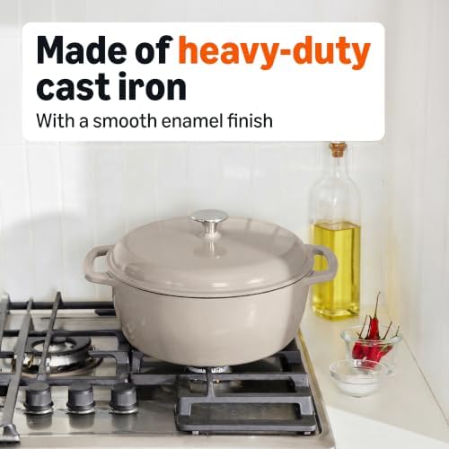 Amazon Basics Cast Iron Dutch Oven Pot with Lid, Enameled, Dual Handles, Round, Heavy-Duty, Small, 4.3-Quart, Linen Gray