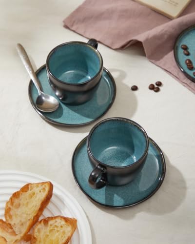 Pokini Stoneware Coffee Cups with Saucers, Cappuccino Cups, Mugs Set of 4