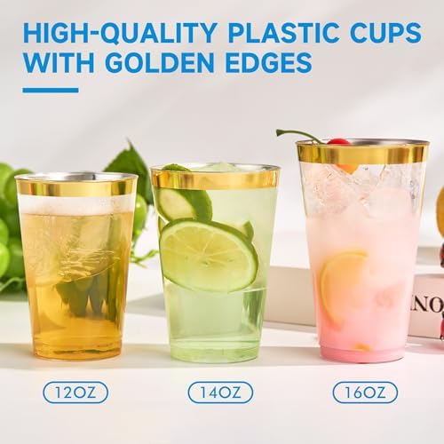 RACETOP 12 oz Disposable Plastic Cups with Gold Rim, 100 Pack