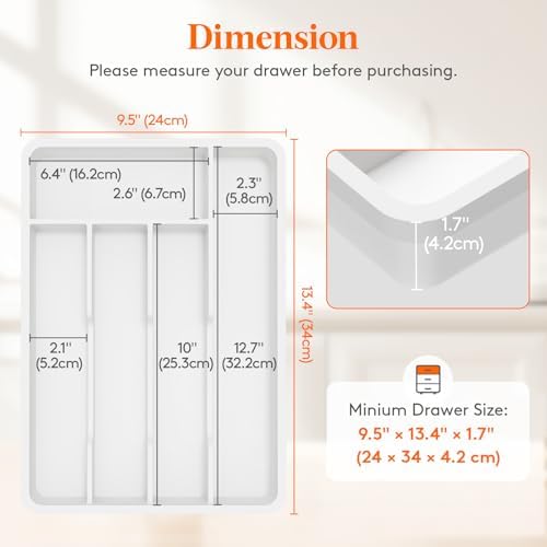 Lifewit Silverware Drawer Organizer Tray, Plastic Cutlery Storage for Kitchen, Flatware and Utensil Holder Divider for Spoons Forks Knives Tableware, 9.5 x 13.4", 5 Slots, White