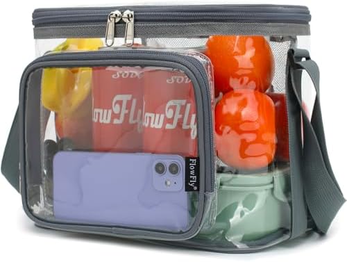 FlowFly Insulated Reusable Lunch Bag Adult Large Lunch Box for Women and Men with Adjustable Shoulder Strap,Front Zipper Pocket and Dual Large Mesh Side Pockets,Clear#Grey