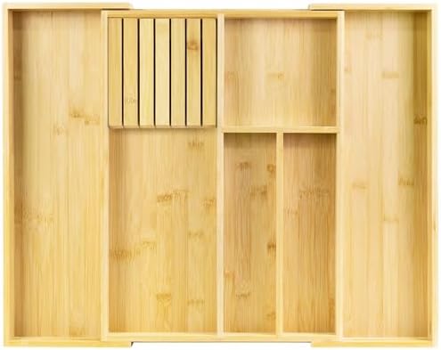 VaeFae Bamboo Silverware Drawer Organizer, 6 Slots, Natural